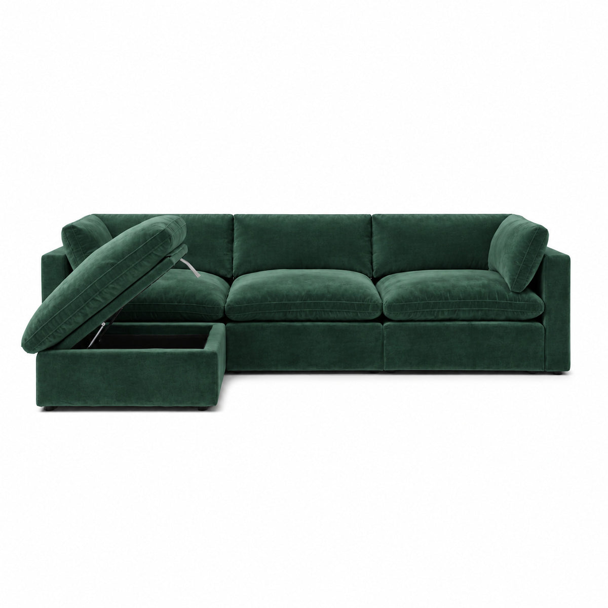 Bellano 3 Seater Sofa + Storage Ottoman — plush velvet Emerald — Pillow — Extra-soft fibre & feather