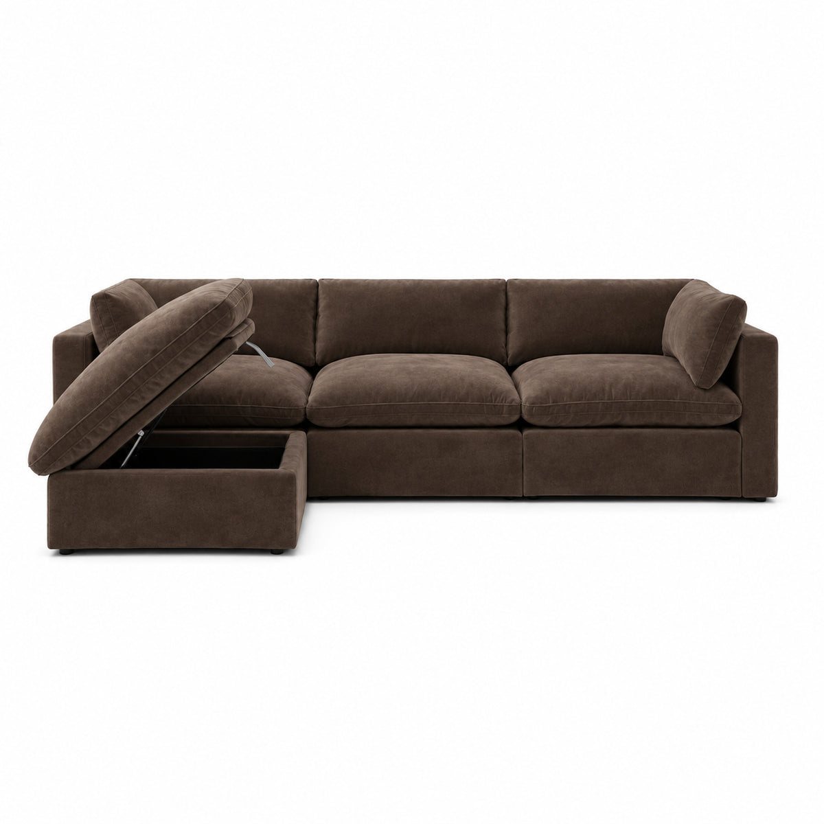 Bellano 3 Seater Sofa + Storage Ottoman — plush velvet Espresso — Pillow — Extra-soft fibre & feather