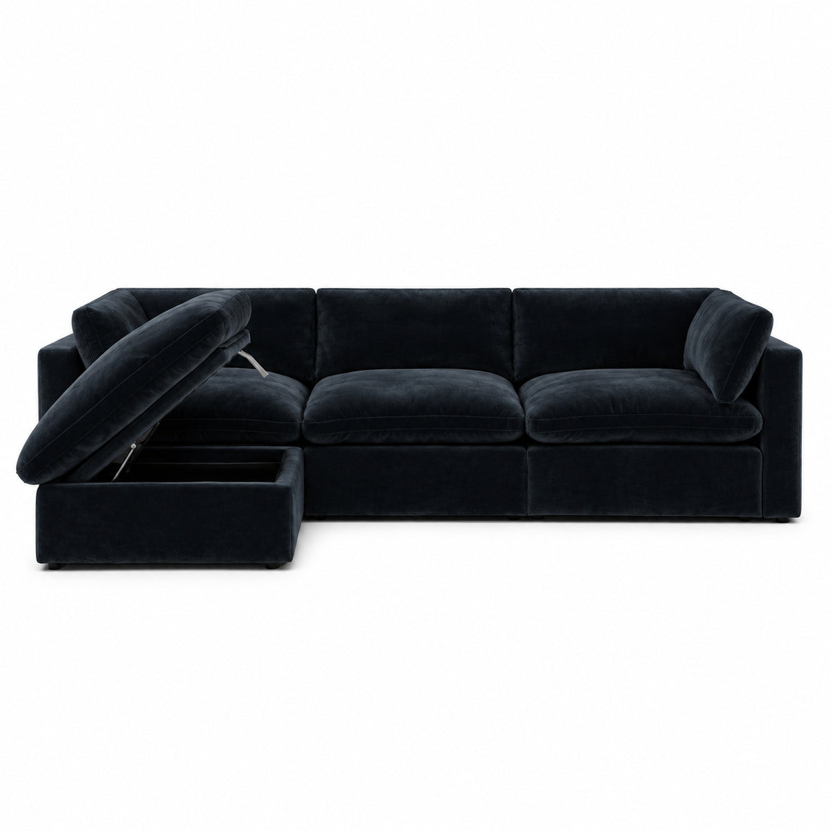 Bellano 3 Seater Sofa + Storage Ottoman — plush velvet Midnight Noir — Pillow — Extra-soft fibre & feather