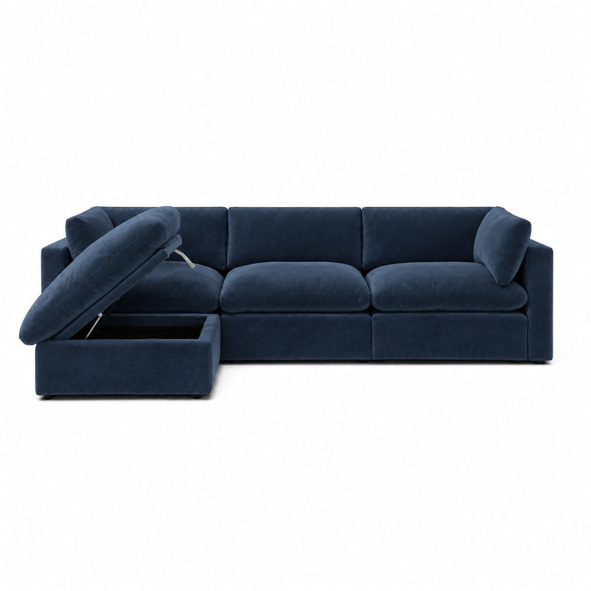 Bellano 3 Seater Sofa + Storage Ottoman — plush velvet Pacific — Pillow — Extra-soft fibre & feather
