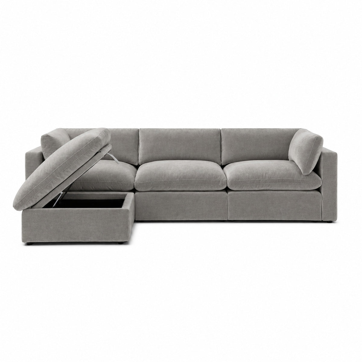 Bellano 3 Seater Sofa + Storage Ottoman — plush velvet Silver — Pillow — Extra-soft fibre & feather