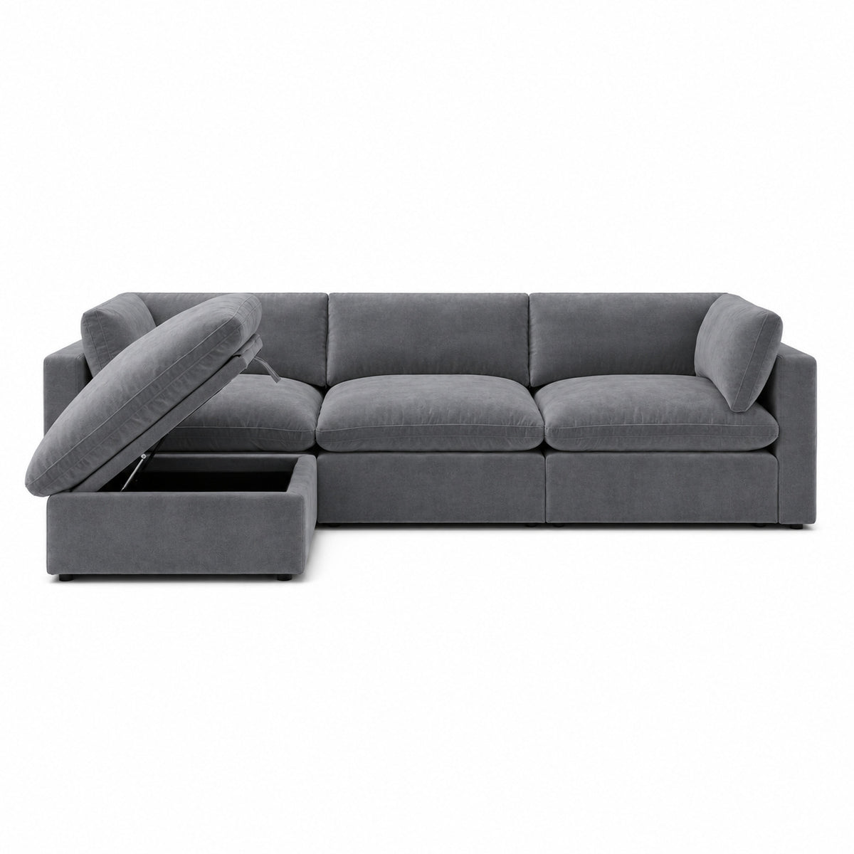 Bellano 3 Seater Sofa + Storage Ottoman — plush velvet Smoked Steel — Pillow — Extra-soft fibre & feather
