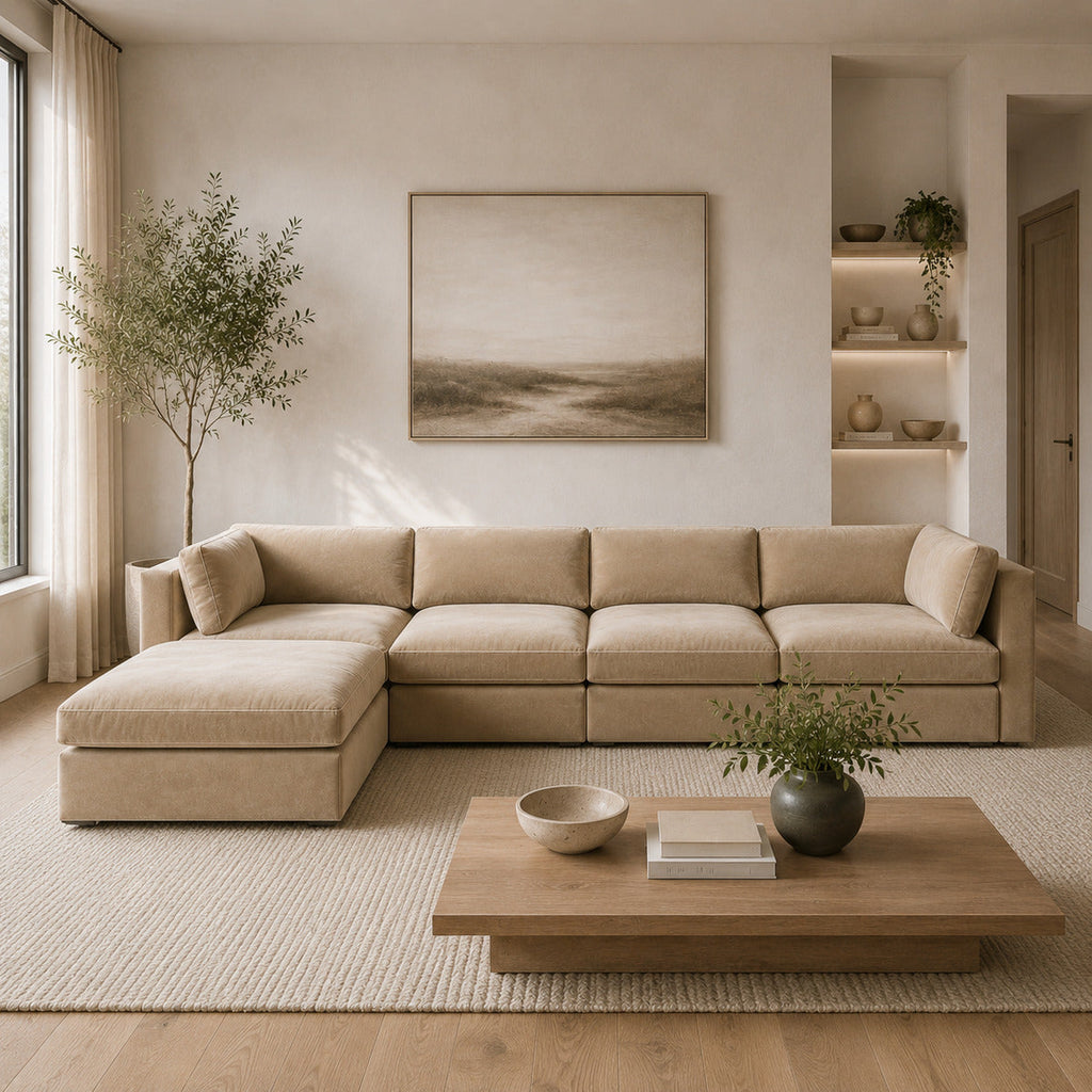 Bellano 4 Seater Sofa + Storage Ottoman in a light contemporary living room