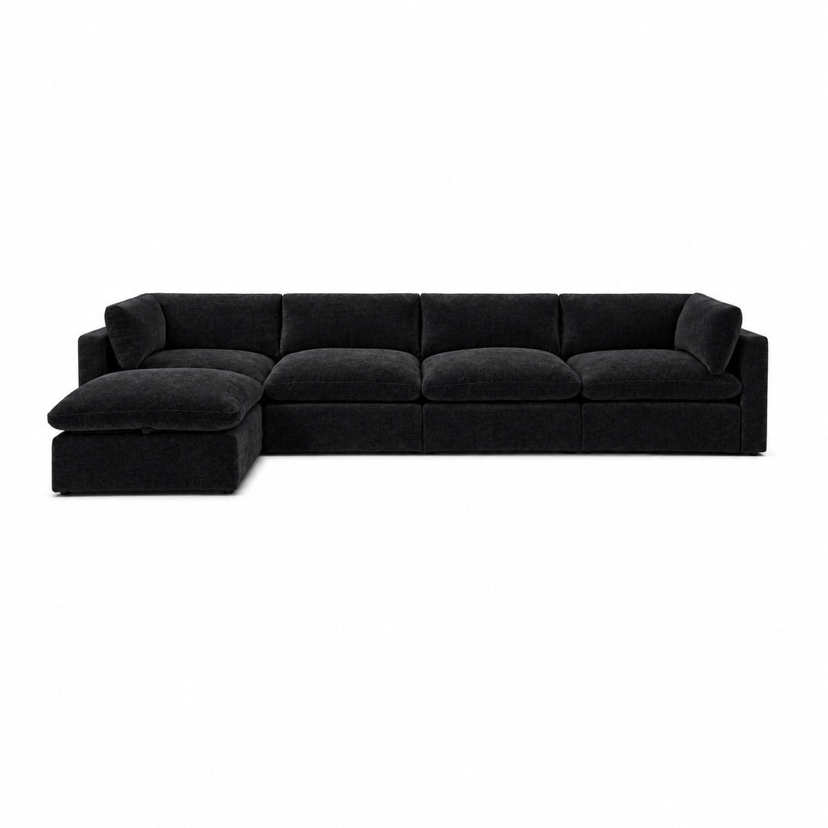Bellano 4 Seater Sofa + Storage Ottoman — luxe chenille Black Top — Pillow — Extra-soft fibre & feather