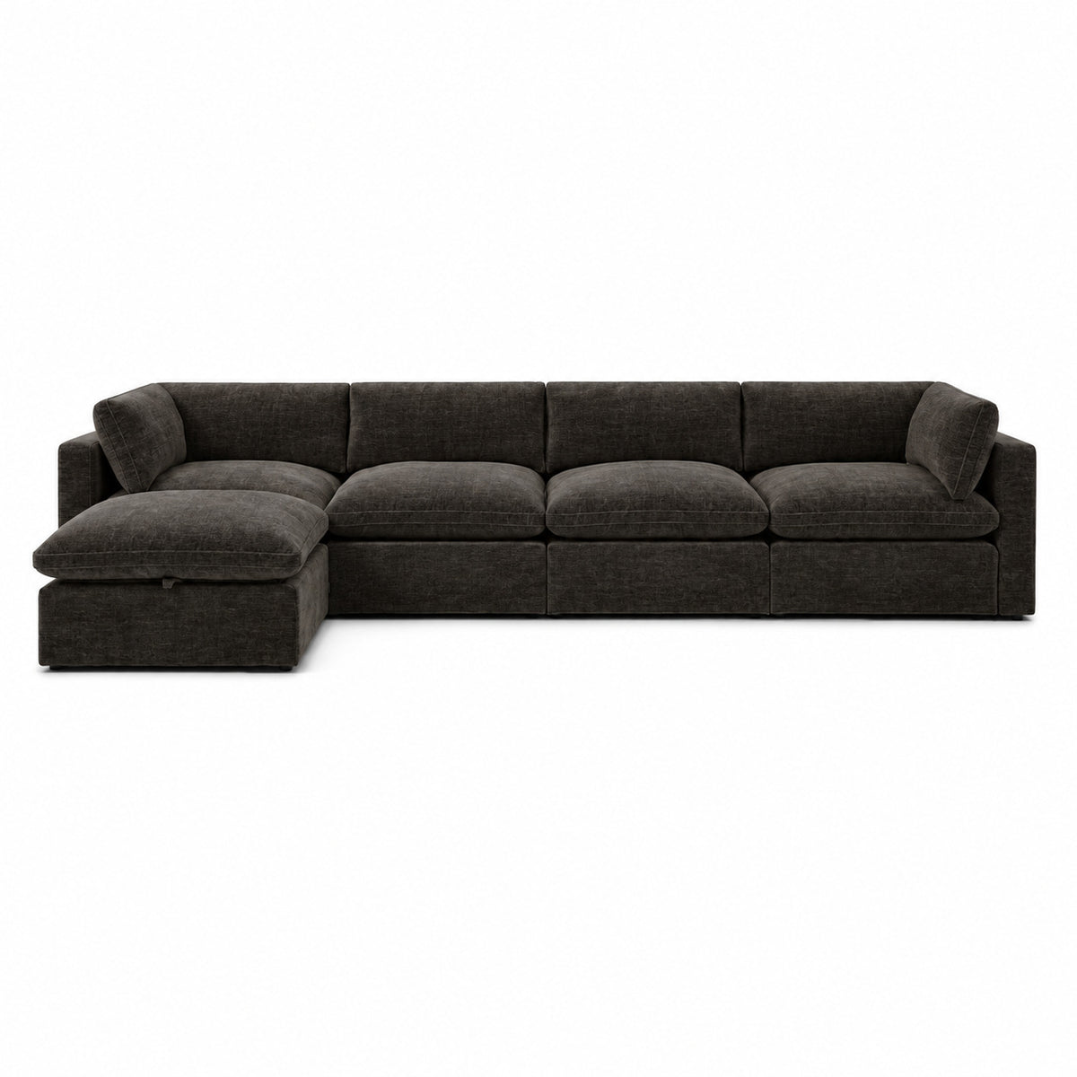 Bellano 4 Seater Sofa + Storage Ottoman — luxe chenille Double Espresso — Pillow — Extra-soft fibre & feather