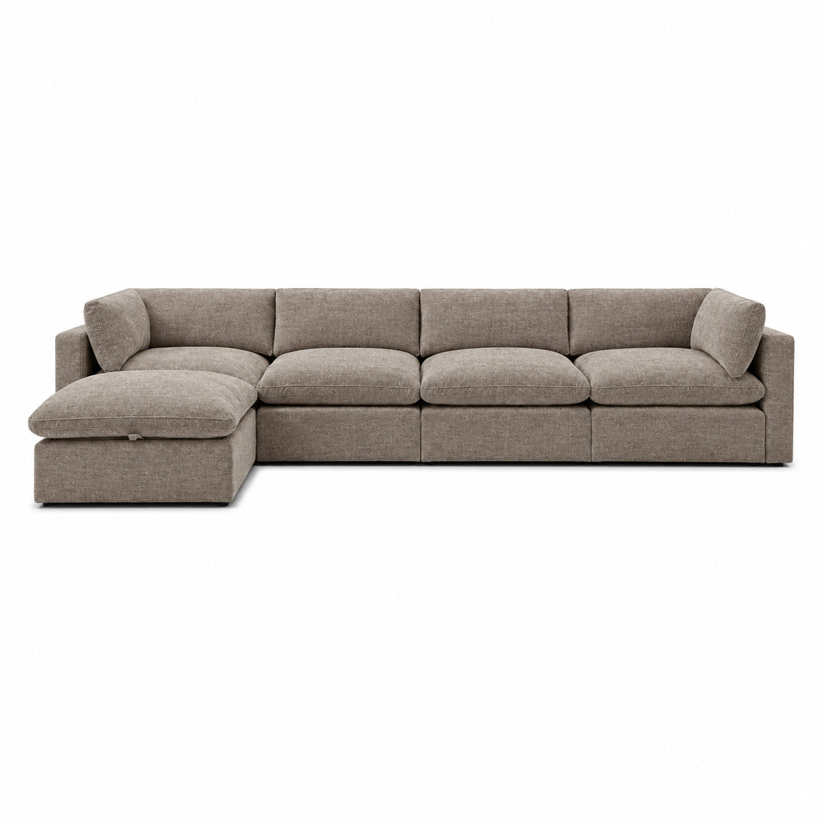 Bellano 4 Seater Sofa + Storage Ottoman — luxe chenille Mocha — Pillow — Extra-soft fibre & feather