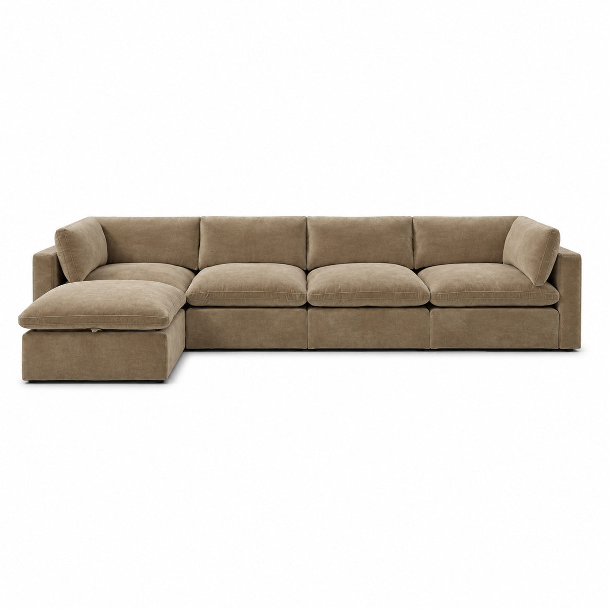 Bellano 4 Seater Sofa + Storage Ottoman — plush velvet Champagne Mink — Pillow — Extra-soft fibre & feather
