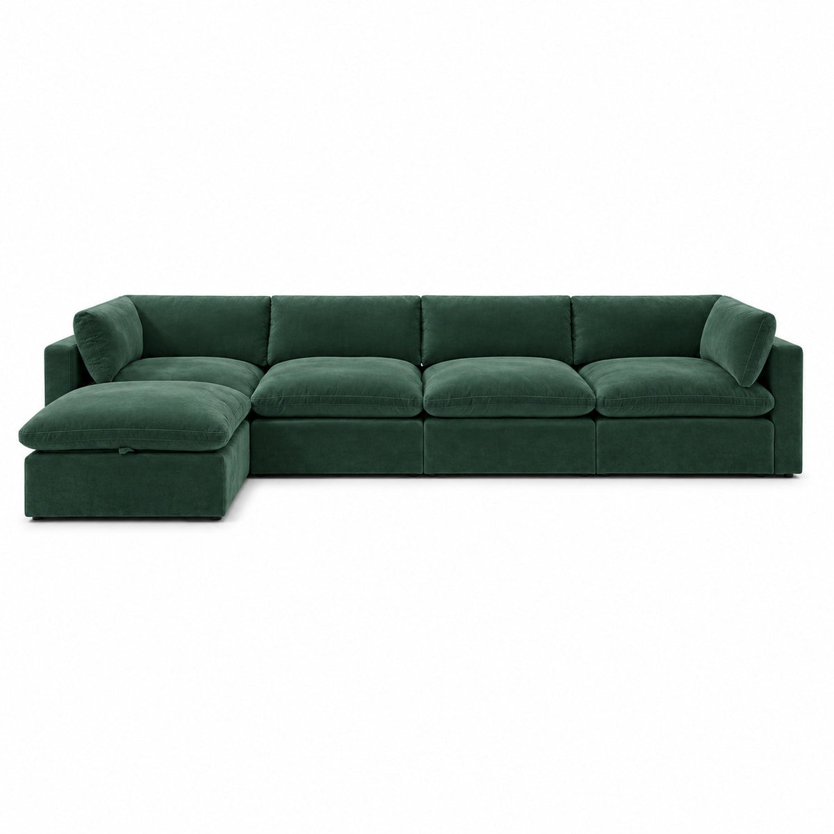 Bellano 4 Seater Sofa + Storage Ottoman — plush velvet Emerald — Pillow — Extra-soft fibre & feather