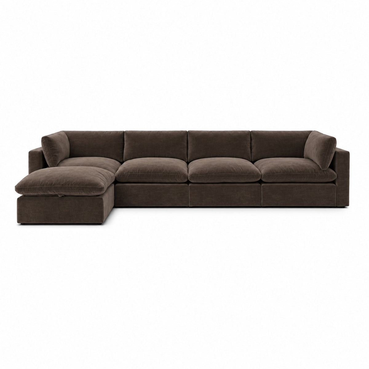 Bellano 4 Seater Sofa + Storage Ottoman — plush velvet Espresso — Pillow — Extra-soft fibre & feather