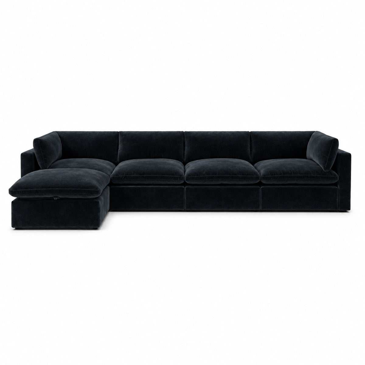 Bellano 4 Seater Sofa + Storage Ottoman — plush velvet Midnight Noir — Pillow — Extra-soft fibre & feather