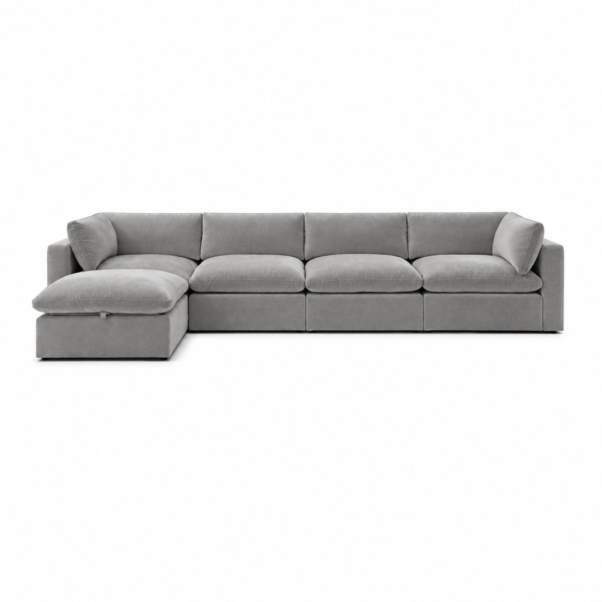 Bellano 4 Seater Sofa + Storage Ottoman — plush velvet Silver — Pillow — Extra-soft fibre & feather
