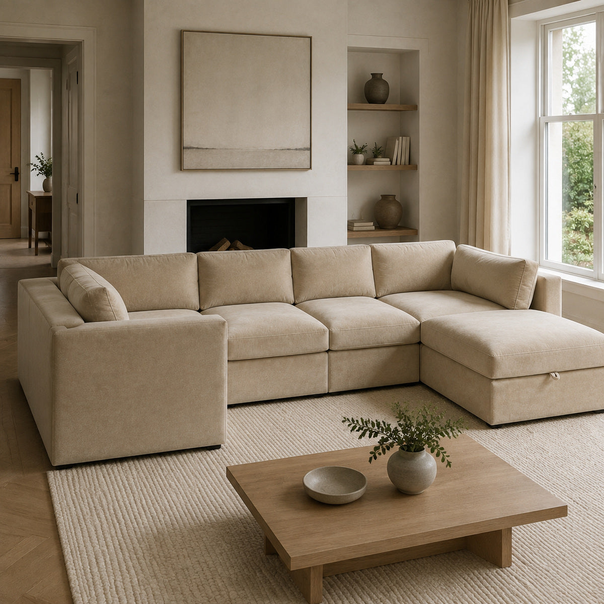 Bellano Grand Corner Sofa + Storage Ottoman in a light contemporary living room