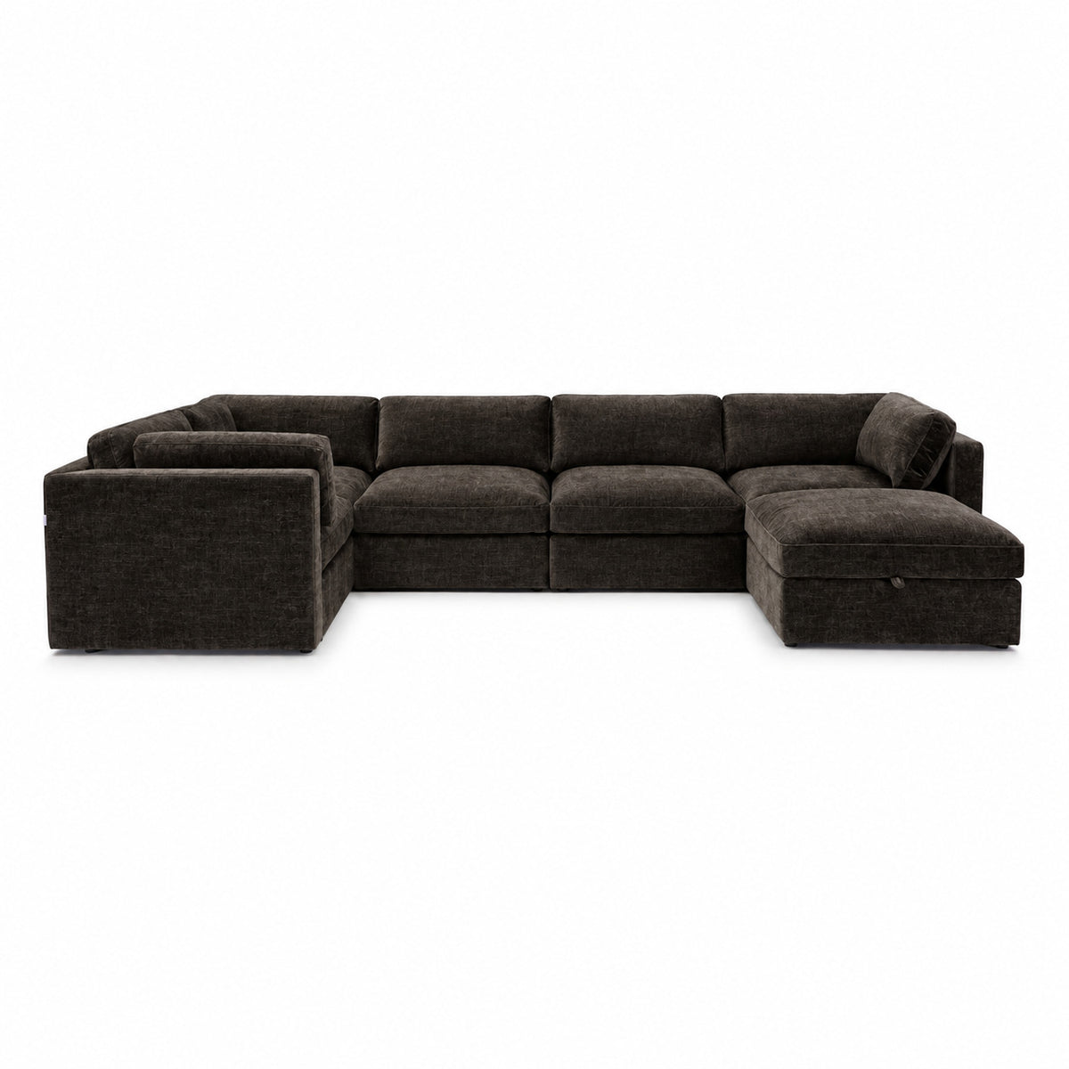 Bellano Grand Corner Sofa + Storage Ottoman — luxe chenille Double Espresso — Box — Supportive memory foam