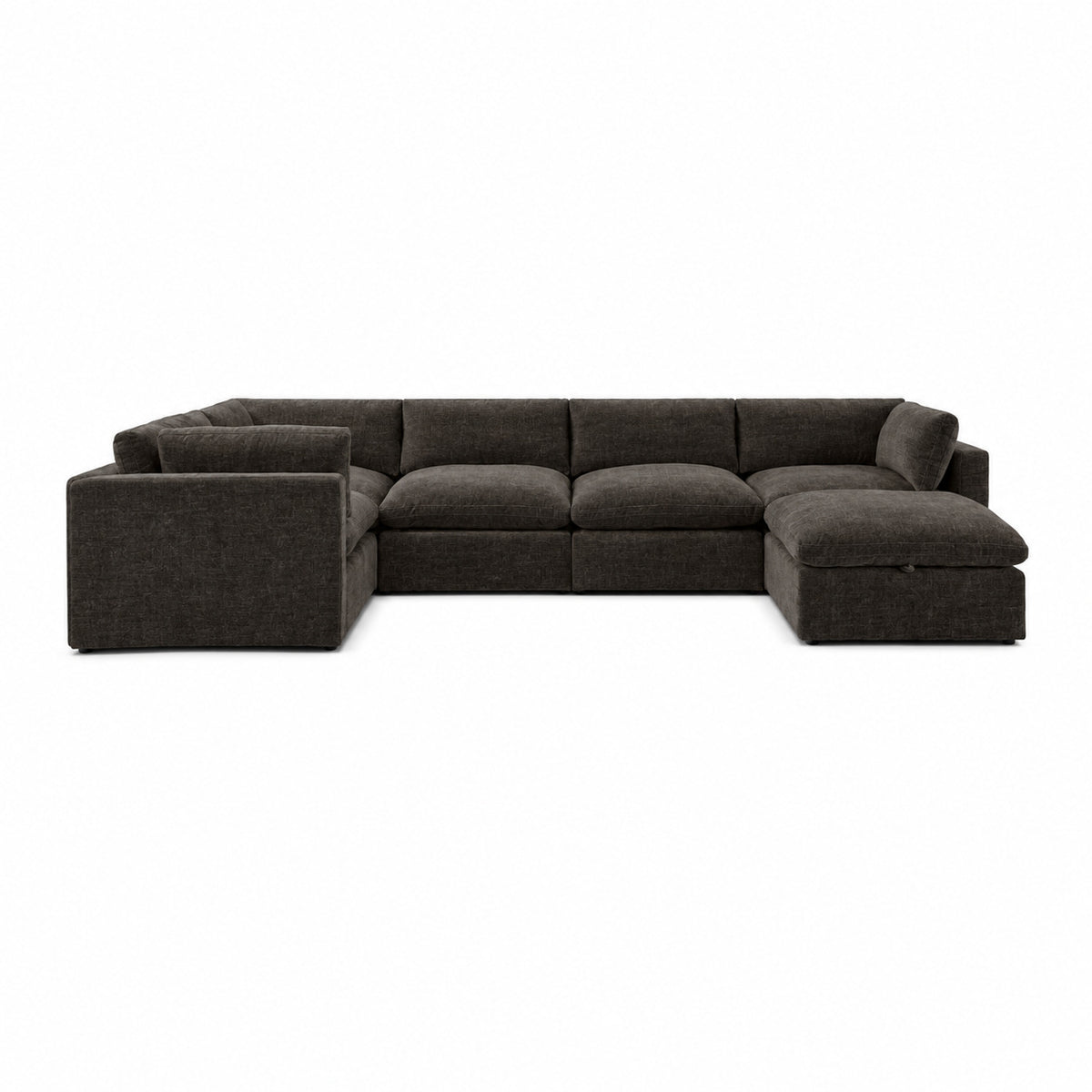 Bellano Grand Corner Sofa + Storage Ottoman — luxe chenille Double Espresso — Pillow — Extra-soft fibre & feather
