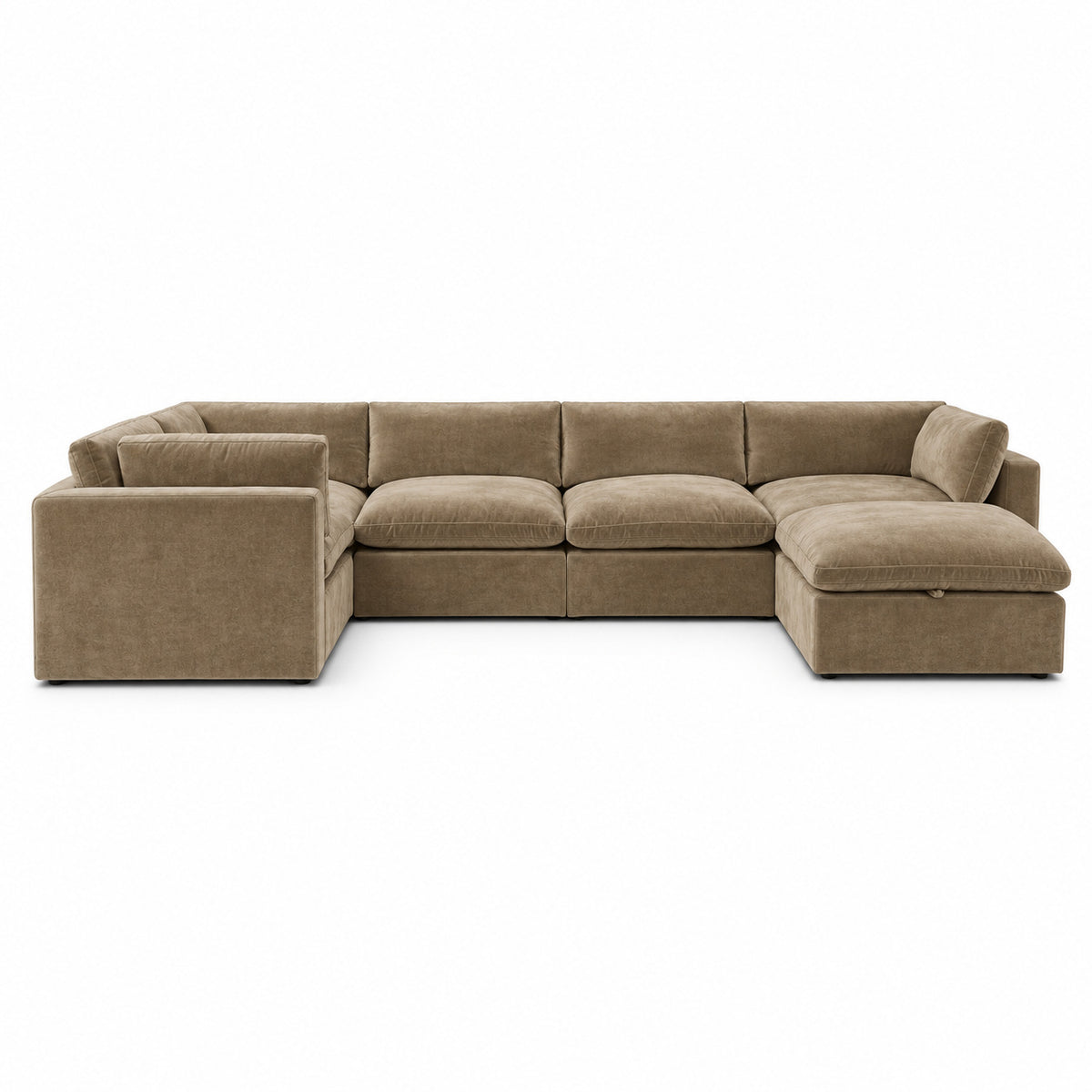 Bellano Grand Corner Sofa + Storage Ottoman — plush velvet Champagne Mink — Pillow — Extra-soft fibre & feather