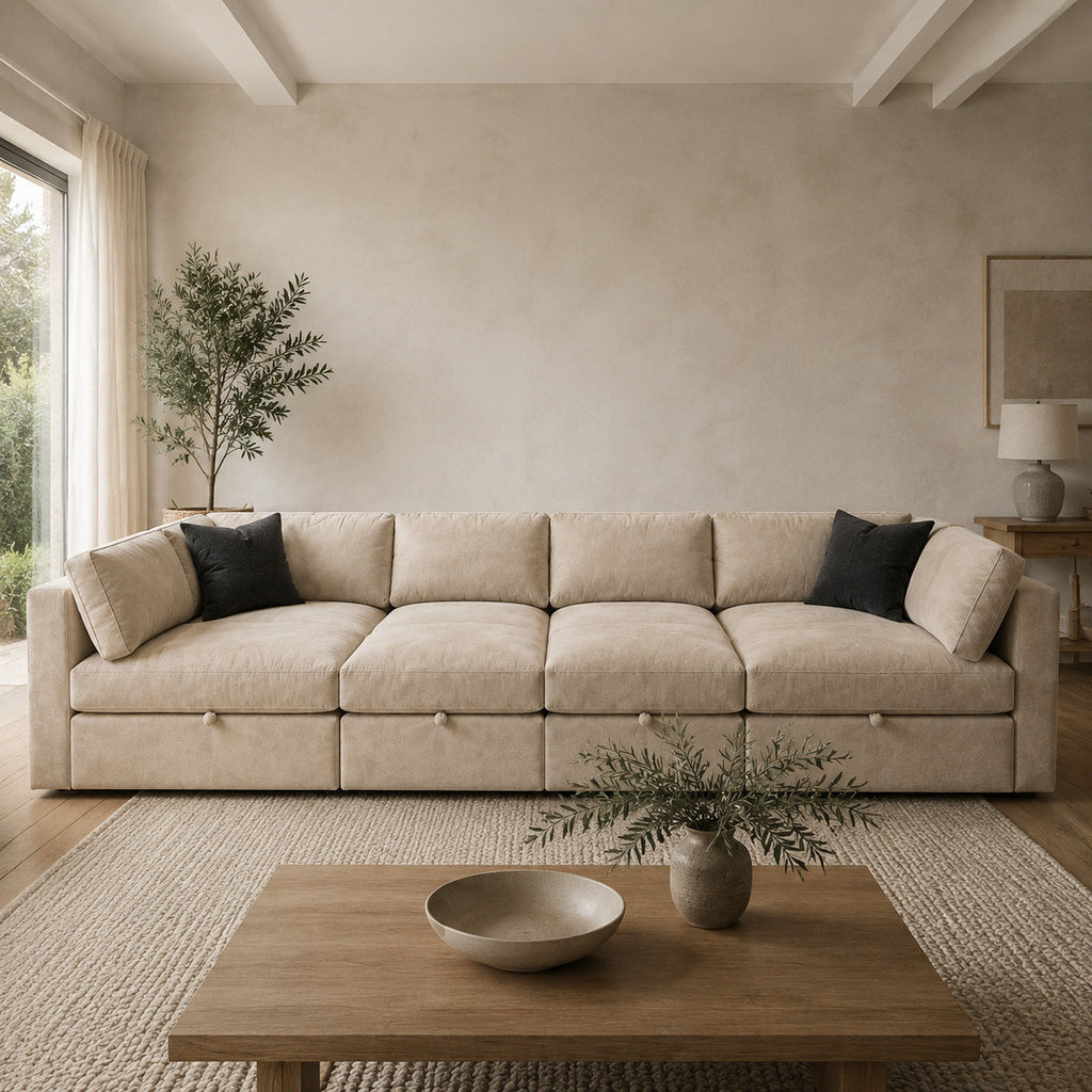 Bellano Grand Pit Sofa + Storage Ottoman in a light contemporary living room