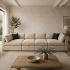 Bellano Grand Pit Sofa + Storage Ottoman in a light contemporary living room