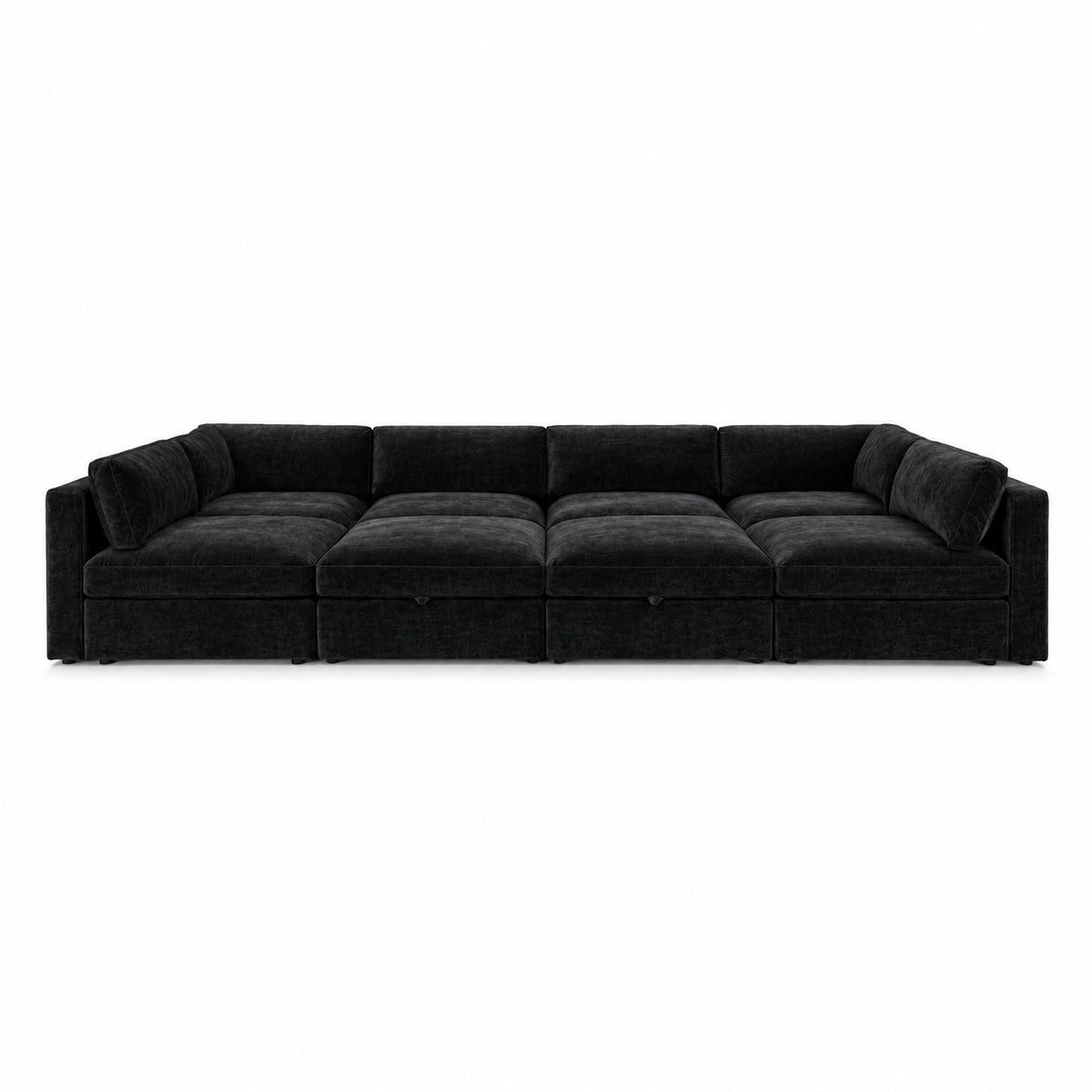 Bellano Grand Pit Sofa + Storage Ottoman — Luxe Chenille Black Top — Box — Supportive memory foam