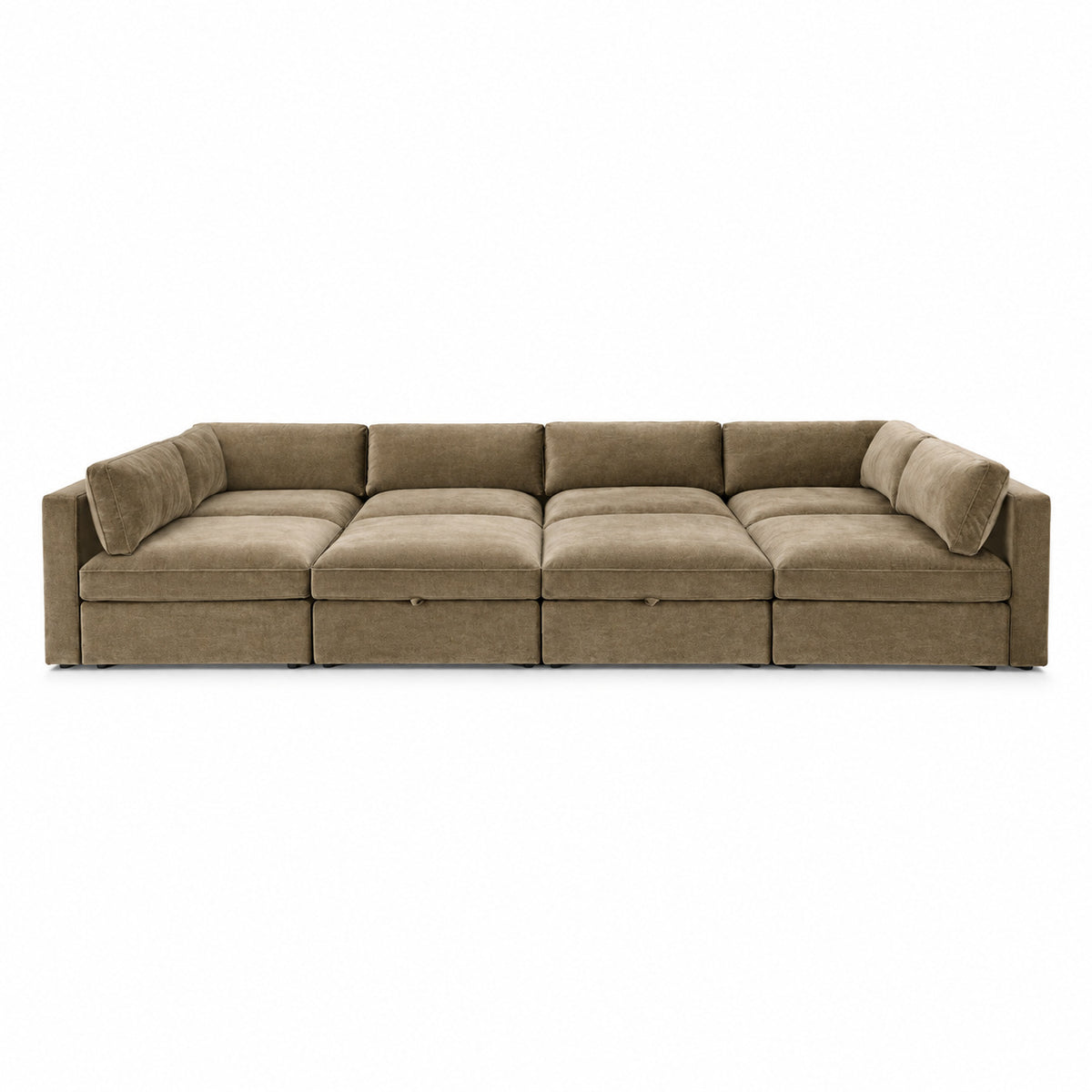 Bellano Grand Pit Sofa + Storage Ottoman — Plush Velvet Champagne Mink — Box — Supportive memory foam