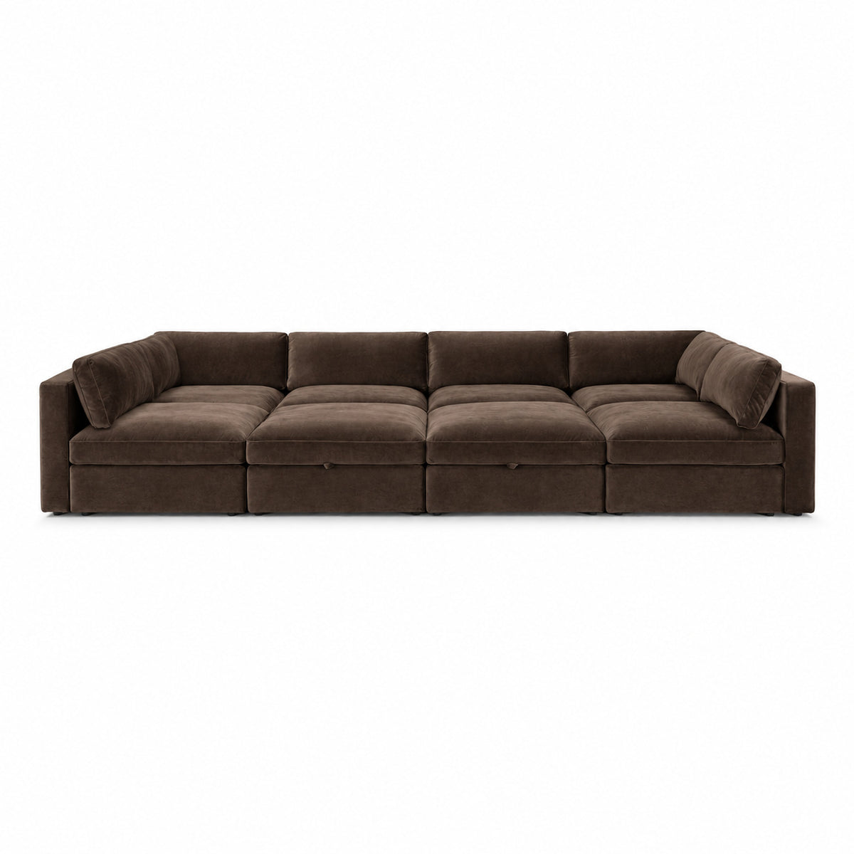 Bellano Grand Pit Sofa + Storage Ottoman — Plush Velvet Espresso — Box — Supportive memory foam