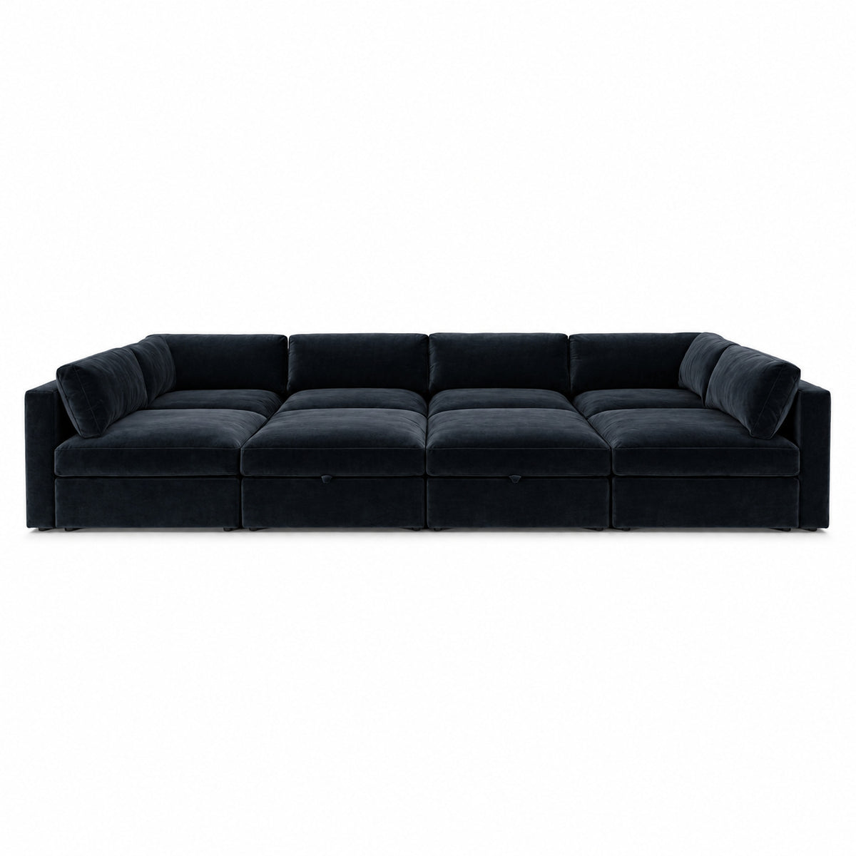 Bellano Grand Pit Sofa + Storage Ottoman — Plush Velvet Midnight Noir — Box — Supportive memory foam