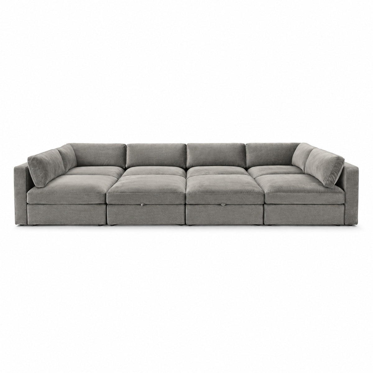 Bellano Grand Pit Sofa + Storage Ottoman — Plush Velvet Silver — Box — Supportive memory foam