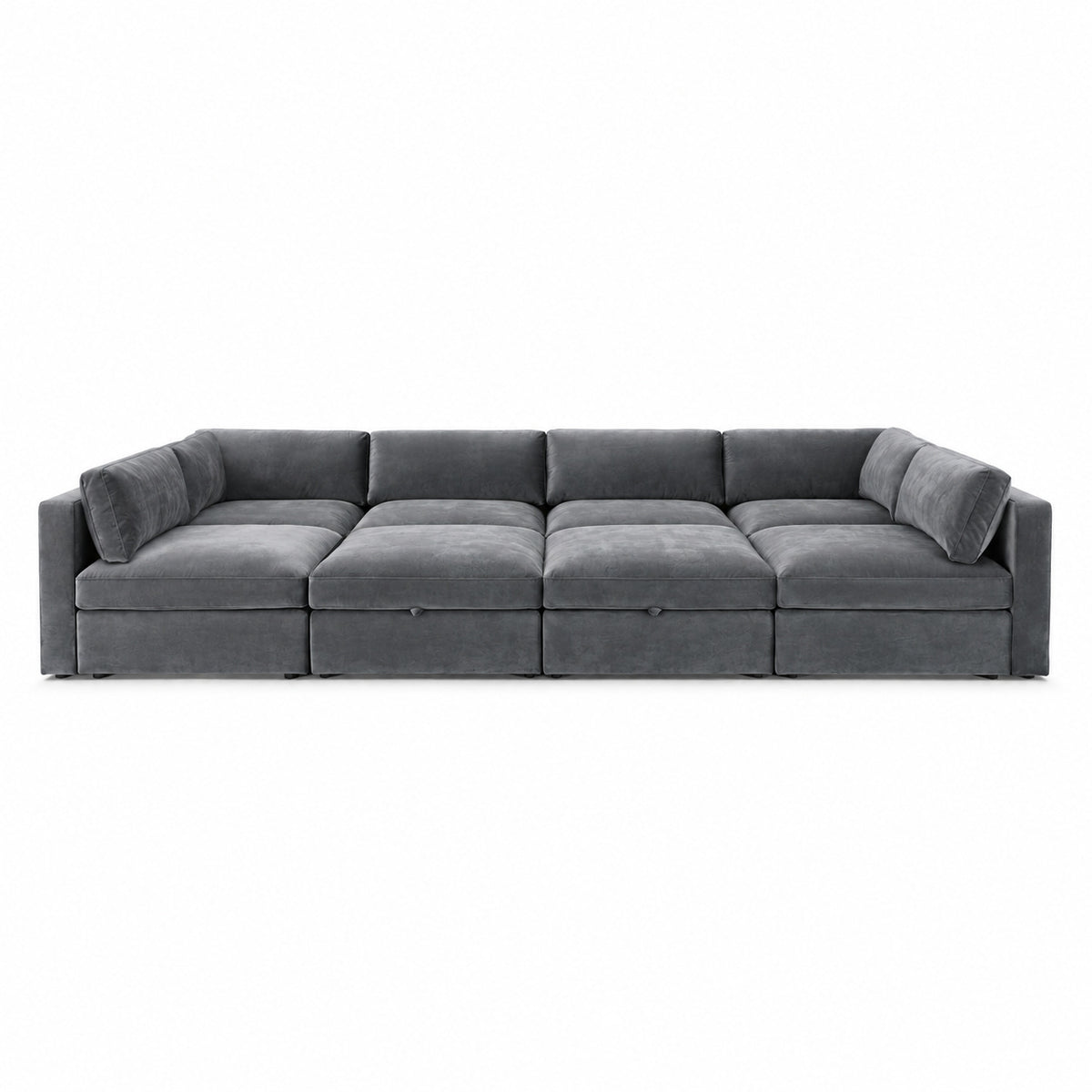 Bellano Grand Pit Sofa + Storage Ottoman — Plush Velvet Smoked Steel — Box — Supportive memory foam