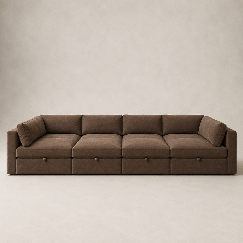 Bellano Grand Pit Sofa + Storage Ottoman in Coffee Luxe Chenille