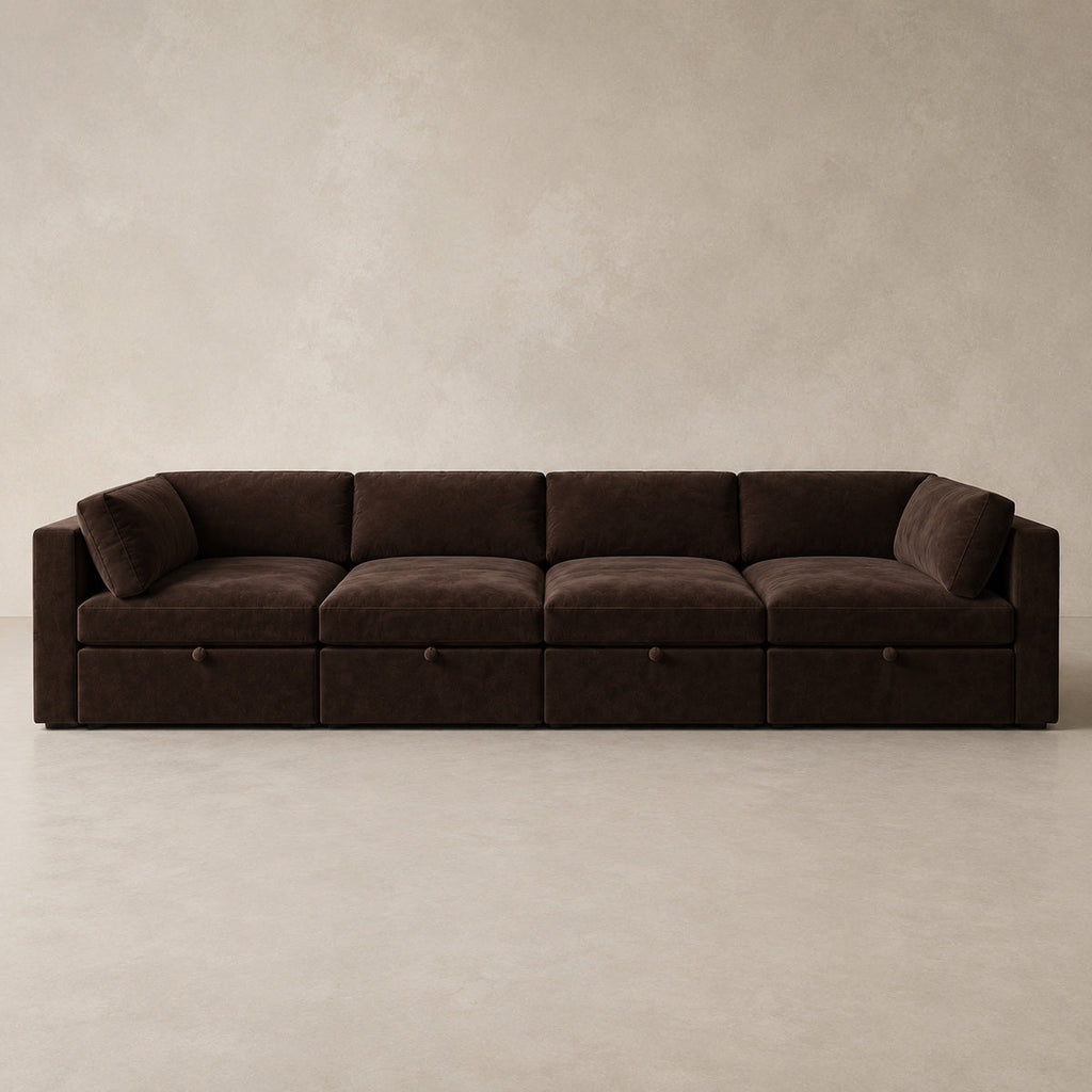 Bellano Grand Pit Sofa + Storage Ottoman in Double Espresso Luxe Chenille