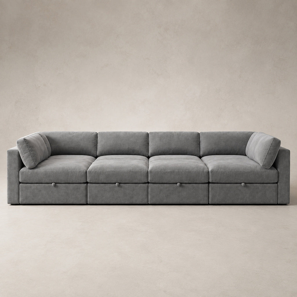 Bellano Grand Pit Sofa + Storage Ottoman in Luxe Steel Grey Luxe Chenille