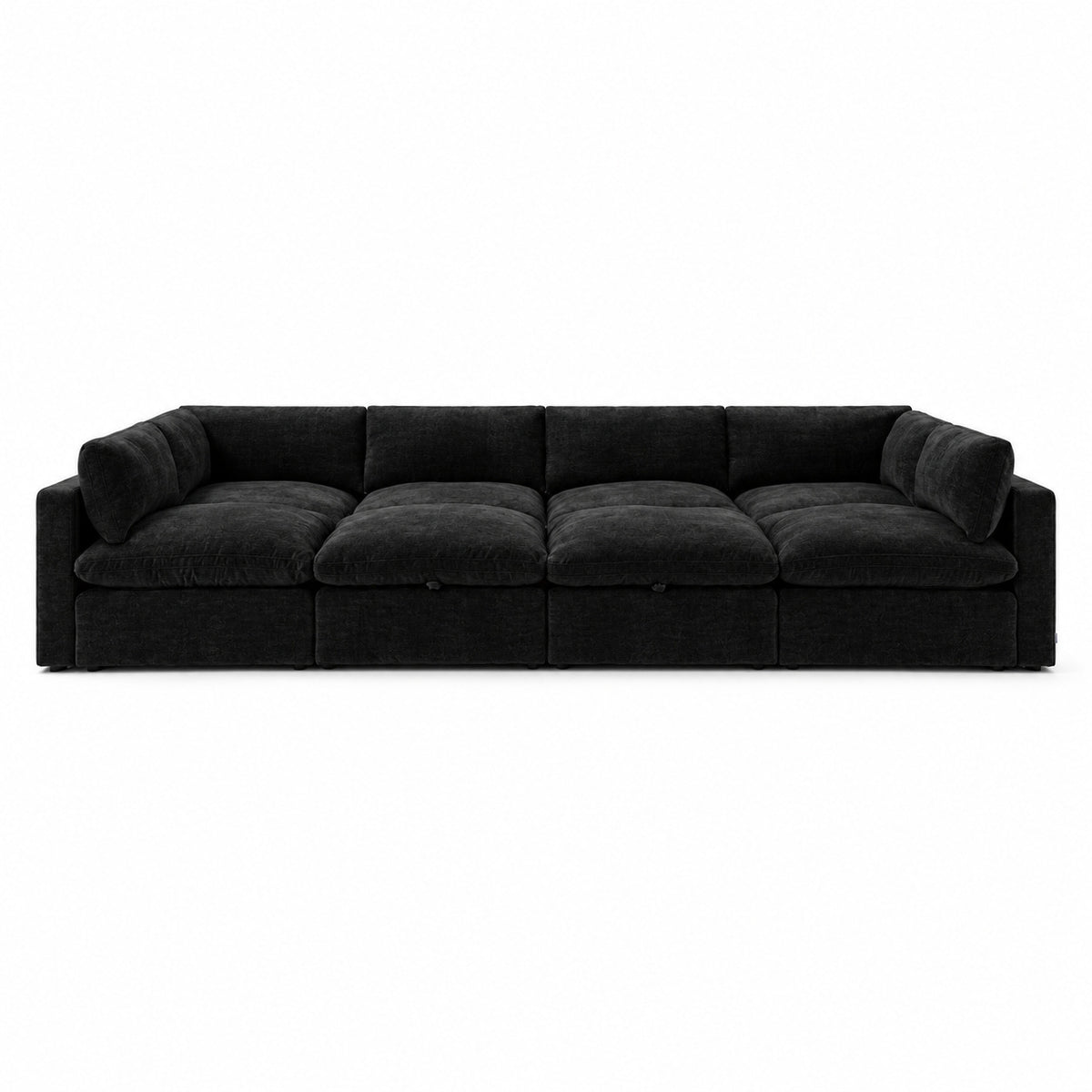 Bellano Grand Pit Sofa + Storage Ottoman — Luxe Chenille Black Top — Pillow — Extra-soft fibre & feather