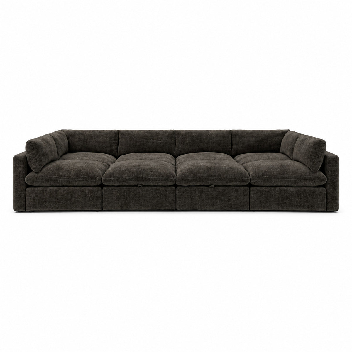 Bellano Grand Pit Sofa + Storage Ottoman — Luxe Chenille Double Espresso — Pillow — Extra-soft fibre & feather