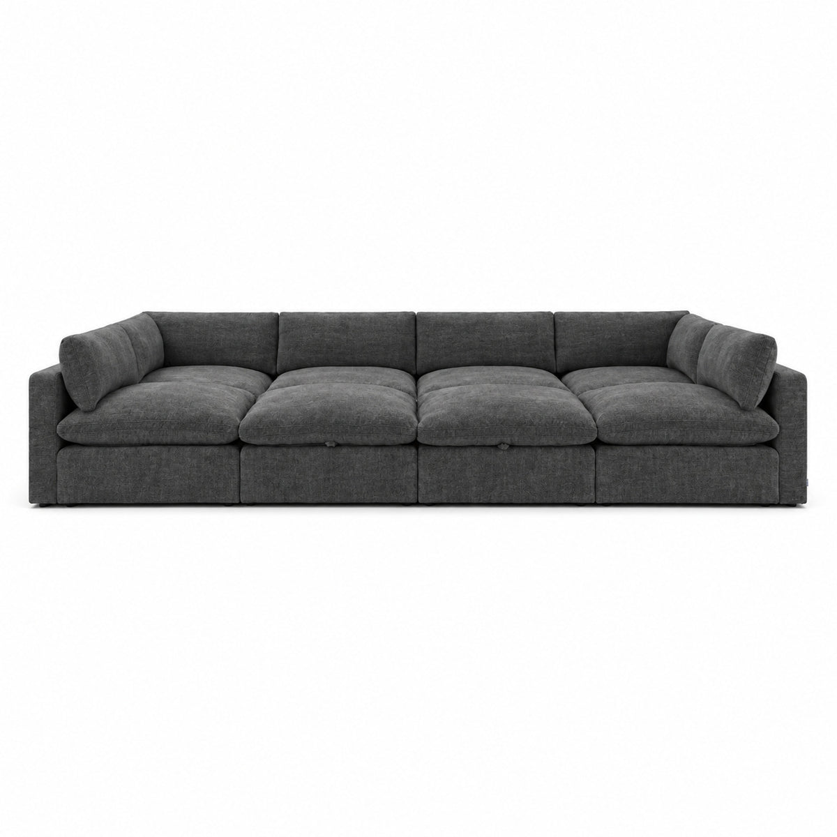Bellano Grand Pit Sofa + Storage Ottoman — Luxe Chenille Luxe Steel — Pillow — Extra-soft fibre & feather