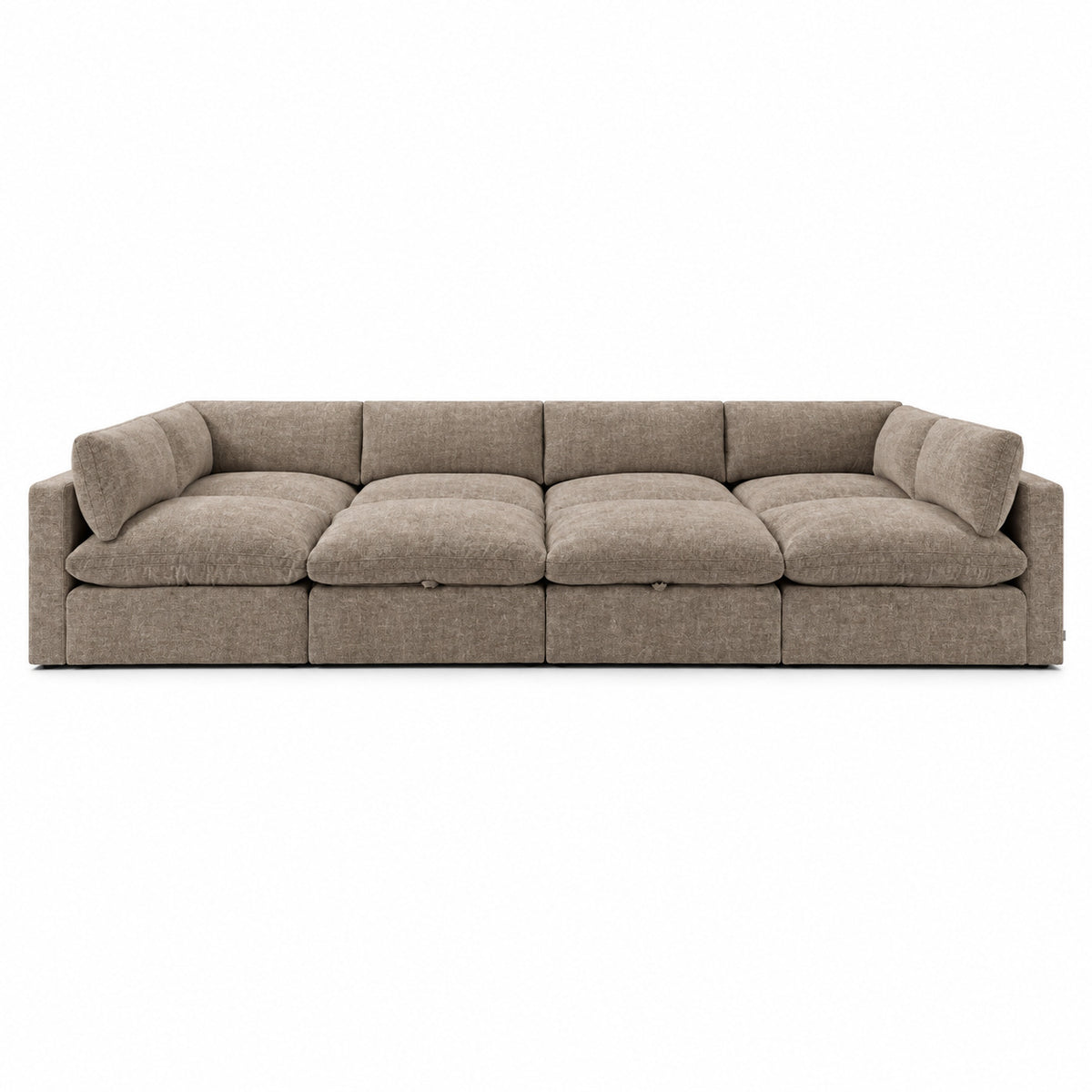 Bellano Grand Pit Sofa + Storage Ottoman — Luxe Chenille Mocha — Pillow — Extra-soft fibre & feather