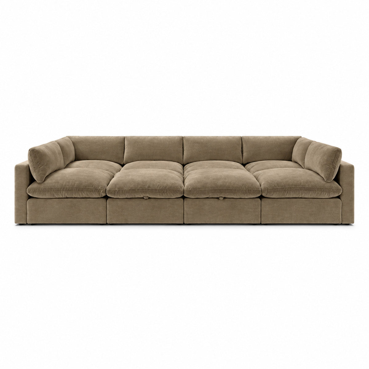 Bellano Grand Pit Sofa + Storage Ottoman — Plush Velvet Champagne Mink — Pillow — Extra-soft fibre & feather