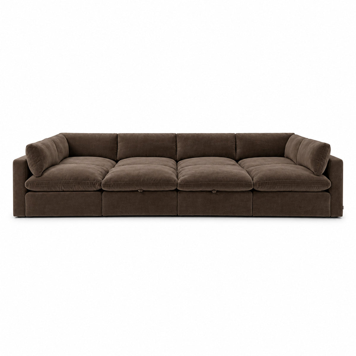 Bellano Grand Pit Sofa + Storage Ottoman — Plush Velvet Espresso — Pillow — Extra-soft fibre & feather