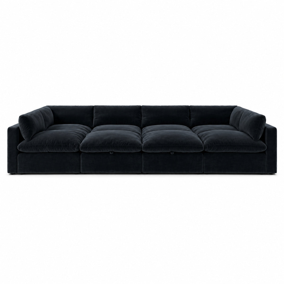 Bellano Grand Pit Sofa + Storage Ottoman — Plush Velvet Midnight Noir — Pillow — Extra-soft fibre & feather