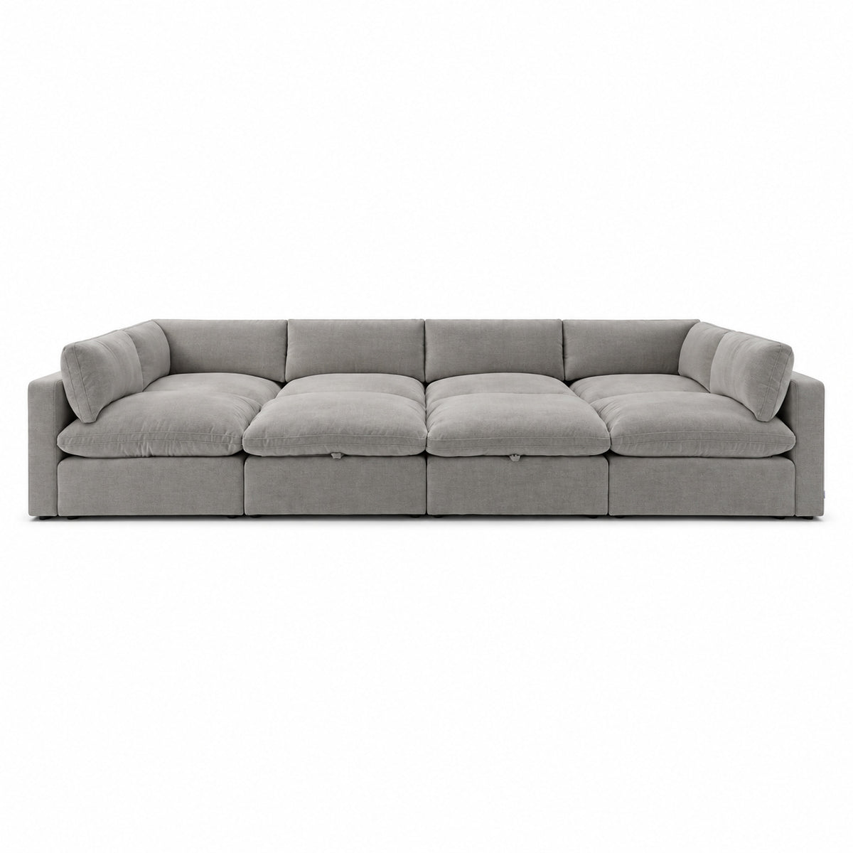Bellano Grand Pit Sofa + Storage Ottoman — Plush Velvet Silver — Pillow — Extra-soft fibre & feather