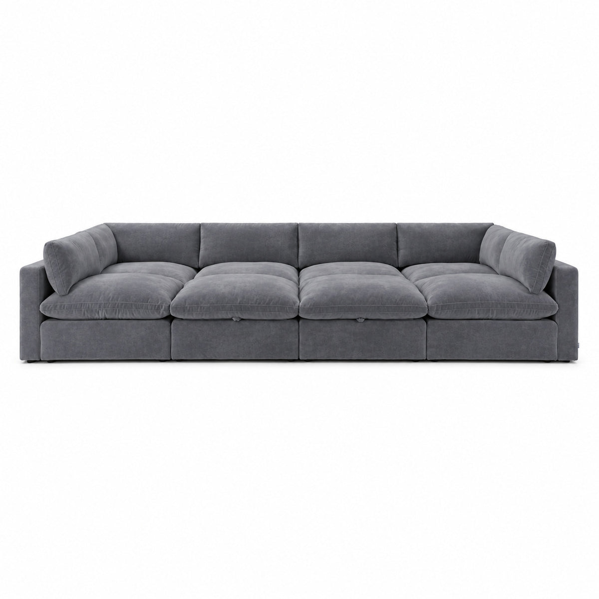 Bellano Grand Pit Sofa + Storage Ottoman — Plush Velvet Smoked Steel — Pillow — Extra-soft fibre & feather