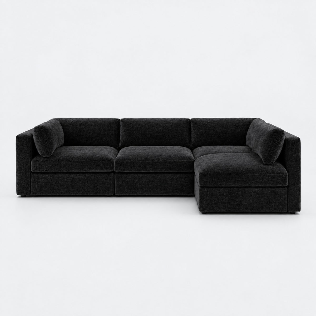Bellano L-Shape Sofa — Luxe Chenille / Black Top / Box — Supportive memory foam — plain background