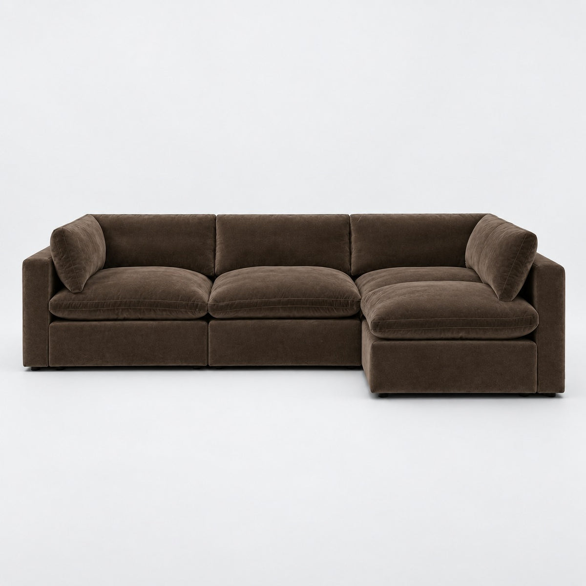 Bellano L-Shape Sofa — Plush Velvet / Espresso / Pillow — Extra-soft fibre & feather — plain background