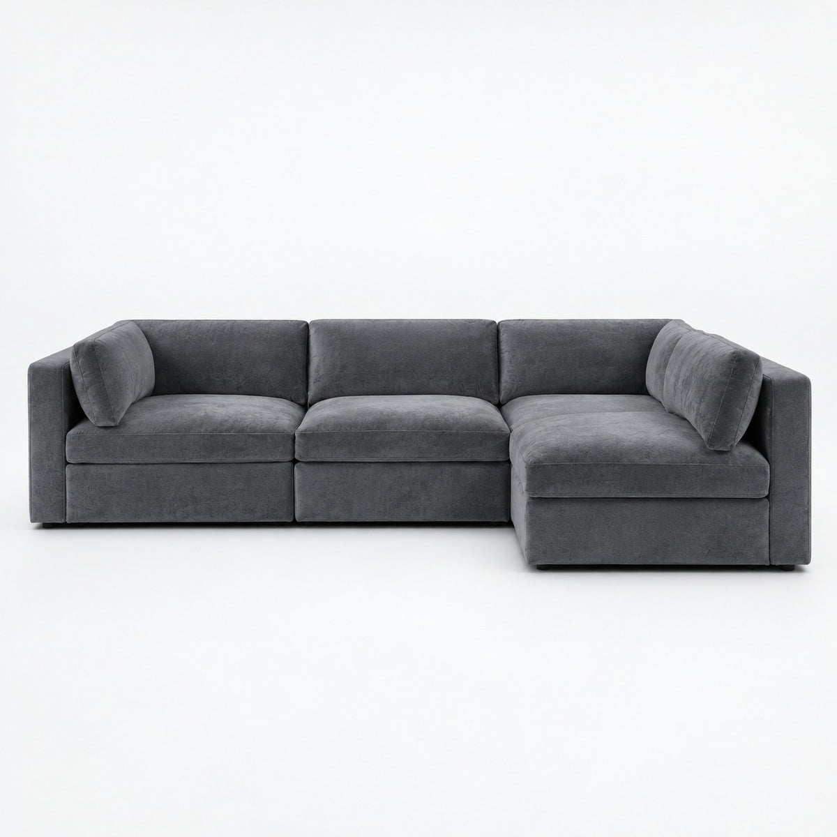 Bellano L-Shape Sofa — Plush Velvet / Smoked Steel / Box — Supportive memory foam — plain background