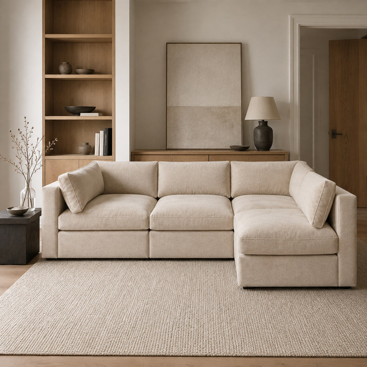 Bellano L-Shape Sofa + Storage Ottoman in a light contemporary living room