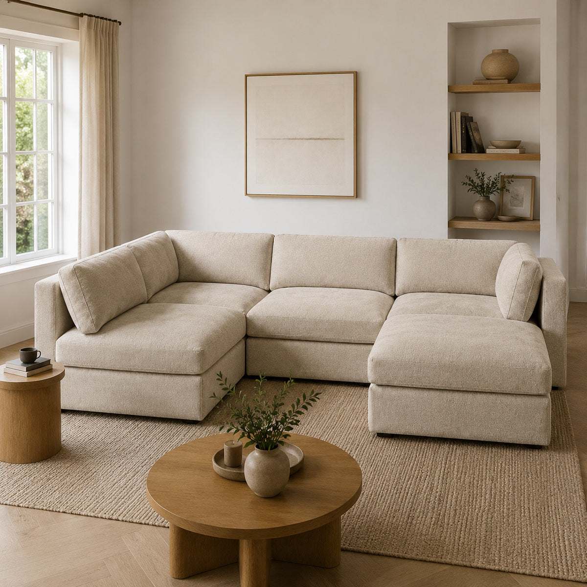 Bellano Large L-Shape Sofa + Storage Ottoman in a light contemporary living room