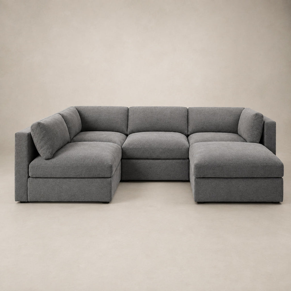 Bellano Large L-Shape Sofa + Storage Ottoman in Luxe Steel Grey Luxe Chenille