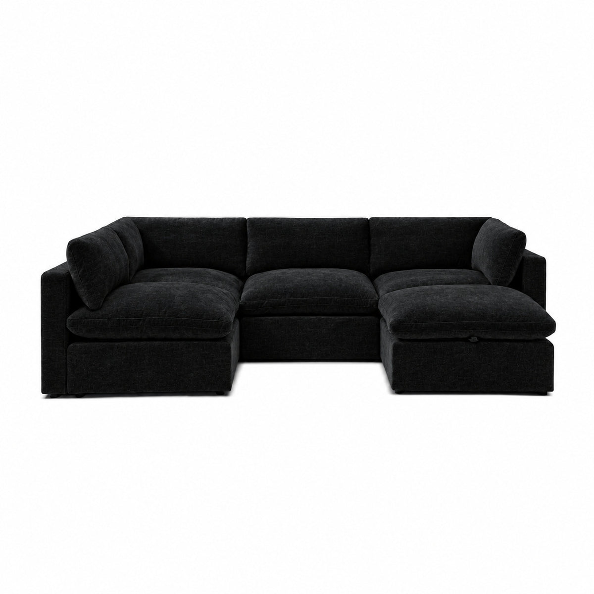 Bellano Large L-Shape Sofa + Storage Ottoman — Luxe Chenille Black Top — Pillow — Extra-soft fibre & feather