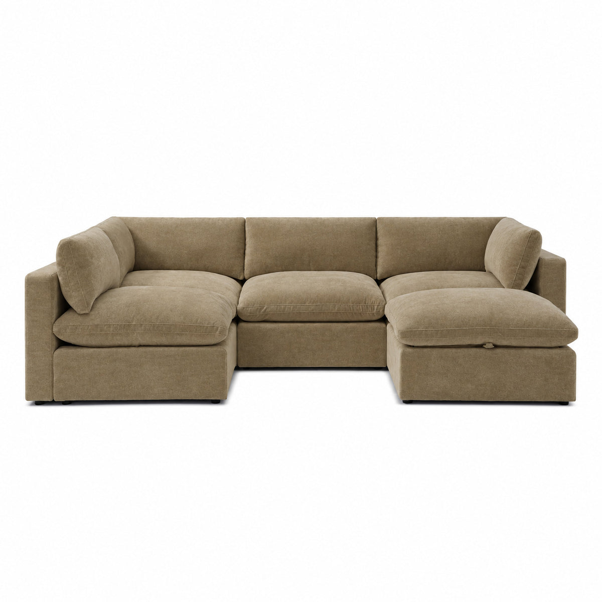 Bellano Large L-Shape Sofa + Storage Ottoman — Plush Velvet Champagne Mink — Pillow — Extra-soft fibre & feather