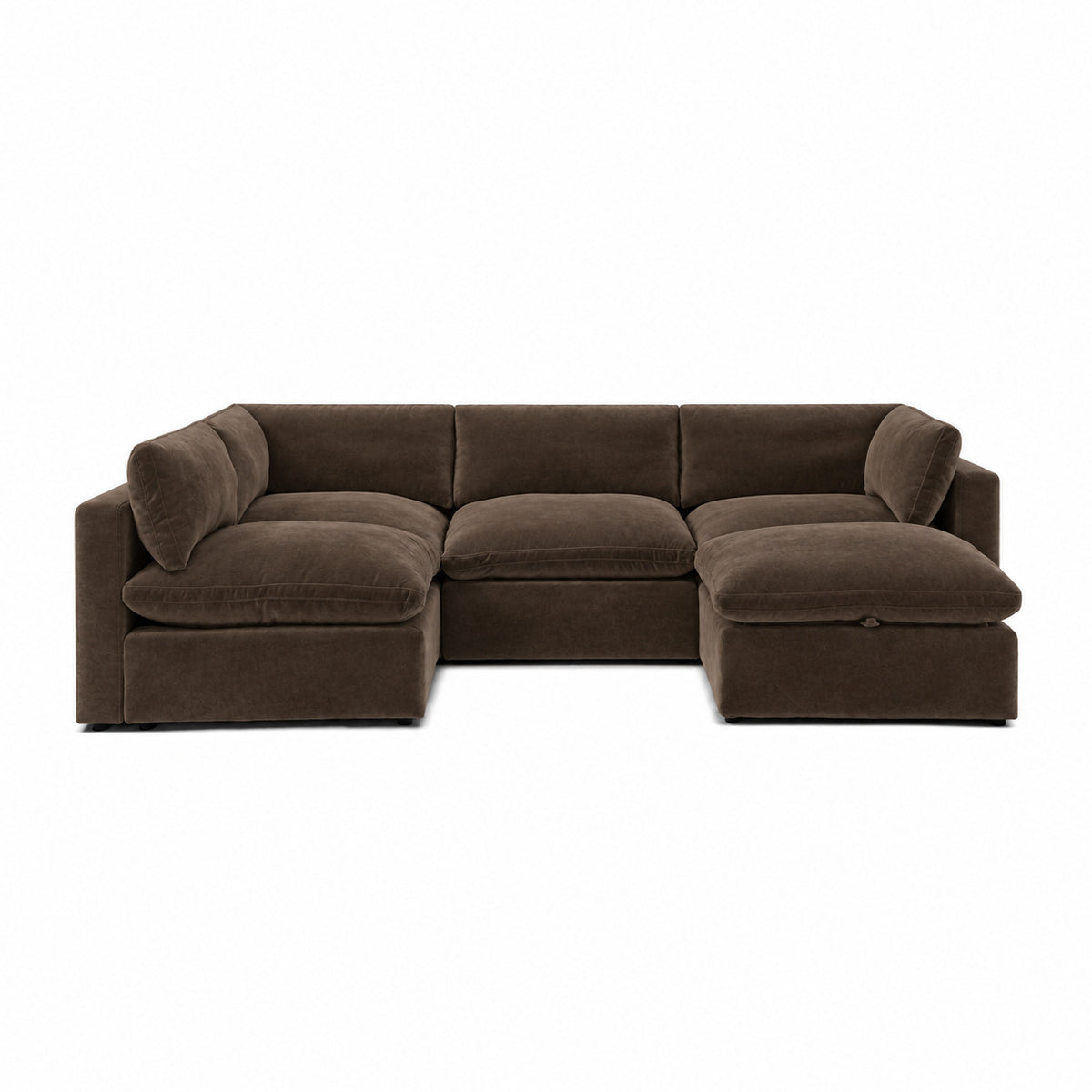 Bellano Large L-Shape Sofa + Storage Ottoman — Plush Velvet Espresso — Pillow — Extra-soft fibre & feather