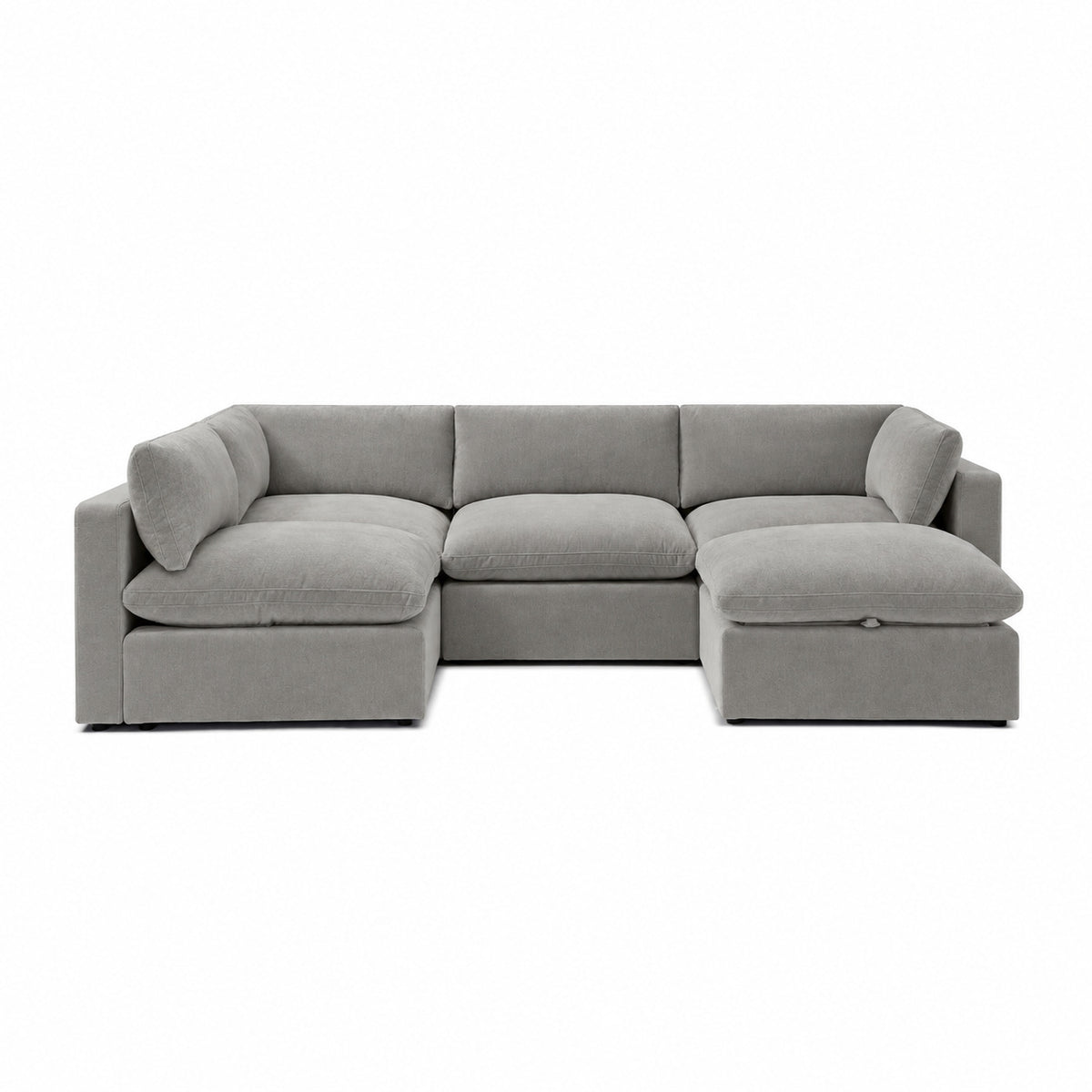 Bellano Large L-Shape Sofa + Storage Ottoman — Plush Velvet Silver — Pillow — Extra-soft fibre & feather