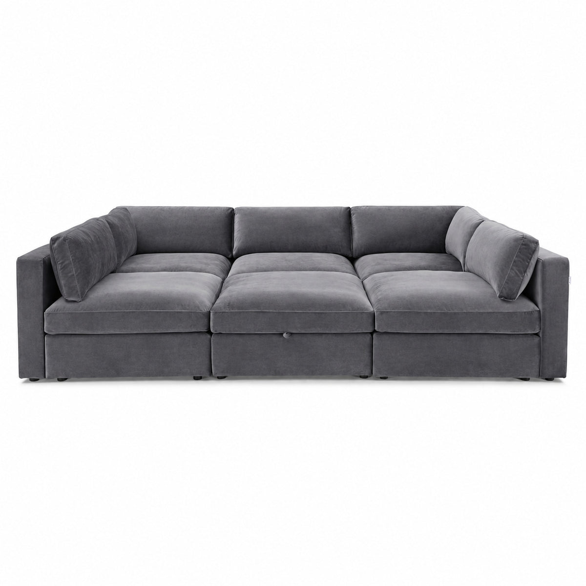 Bellano Pit Cinema Sofa — Plush Velvet Smoked Steel — Box — Supportive memory foam